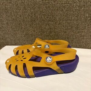 Crocs Size C12 Little Girls 12 Purple Yellow Gold Tan Sandals Beach Sling Backs